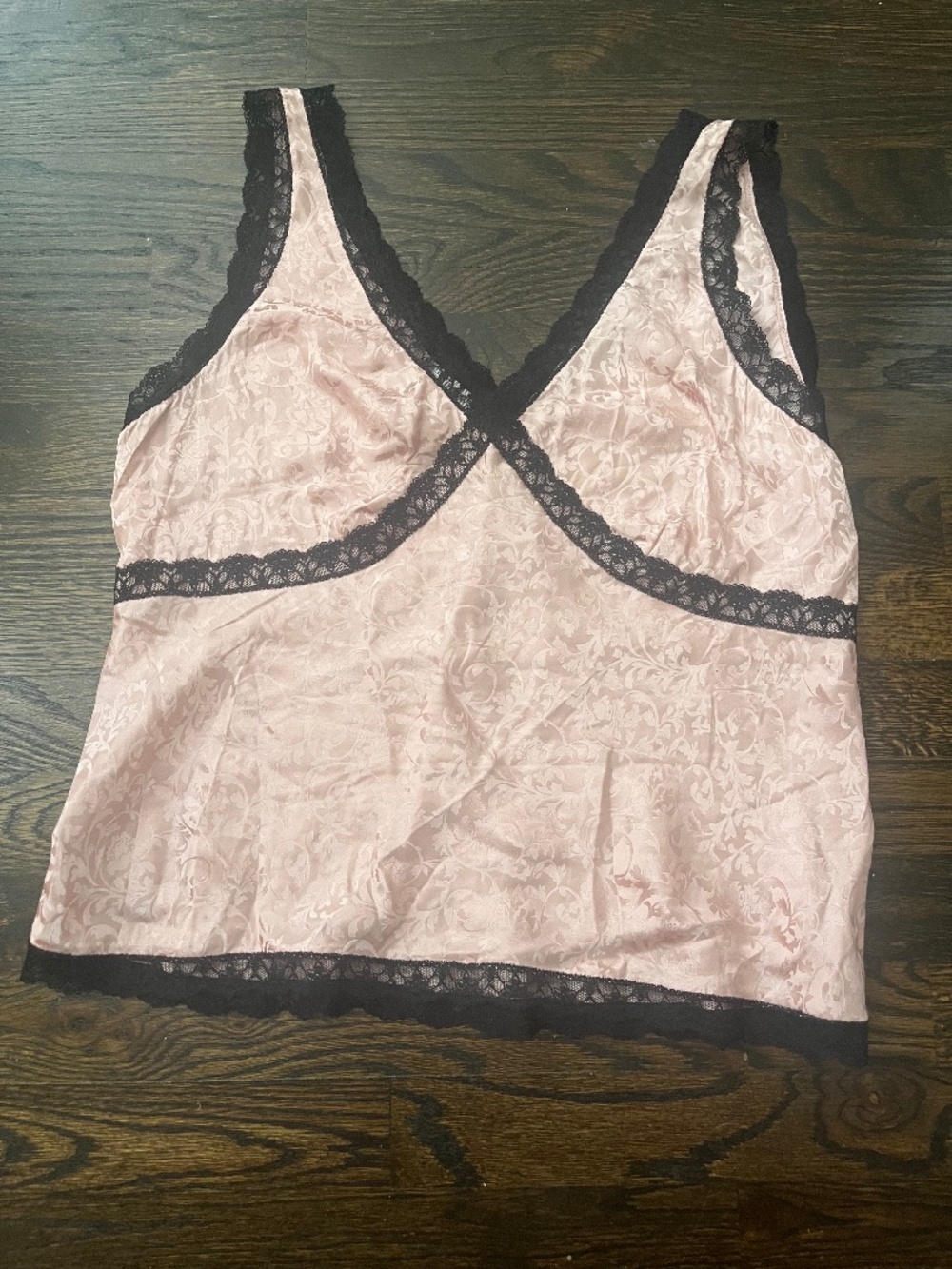Nine West Vintage 100% Silk Lace Trim Camisole Cami Top Pink Black Size 12